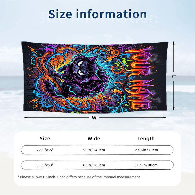 Cat Theme Beach Towel Personalized Custom Name & Text Soft Quick Dry Beach Towel for Swimming Travel