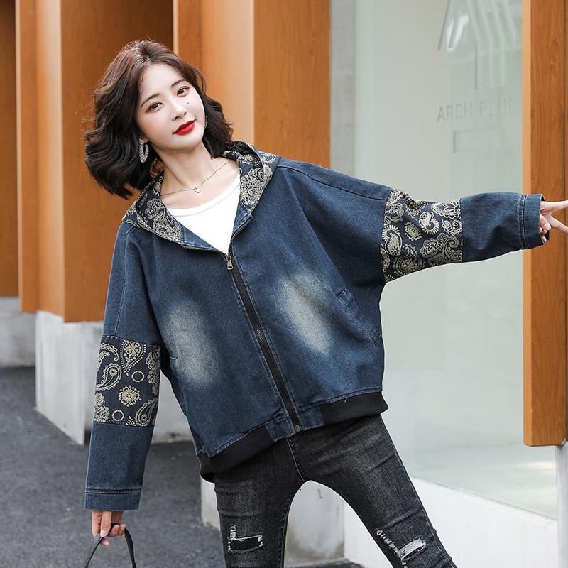 Retro Print Casual Hooded Denim Jacket Women's Spring Autumn Loose plus Size Baseball Style Coat Large Jacket