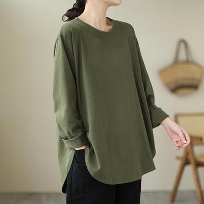 Sweat-shirt ample en coton, grande taille, manches longues, confortable, couleur unie, col rond, décontracté