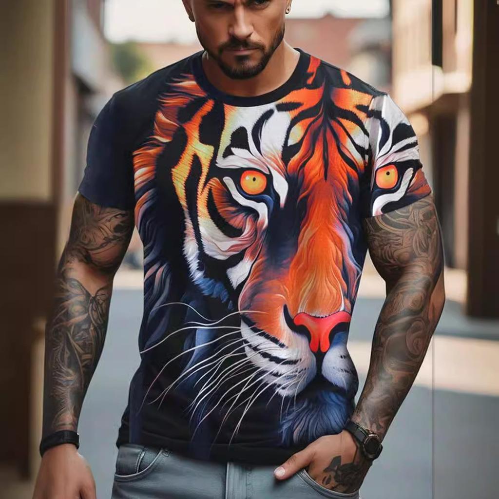 Letní tričko s kulatým výstřihem a 3D potiskem zvířecí hlavy, módní ležérní pánské tričko s krátkým rukávem