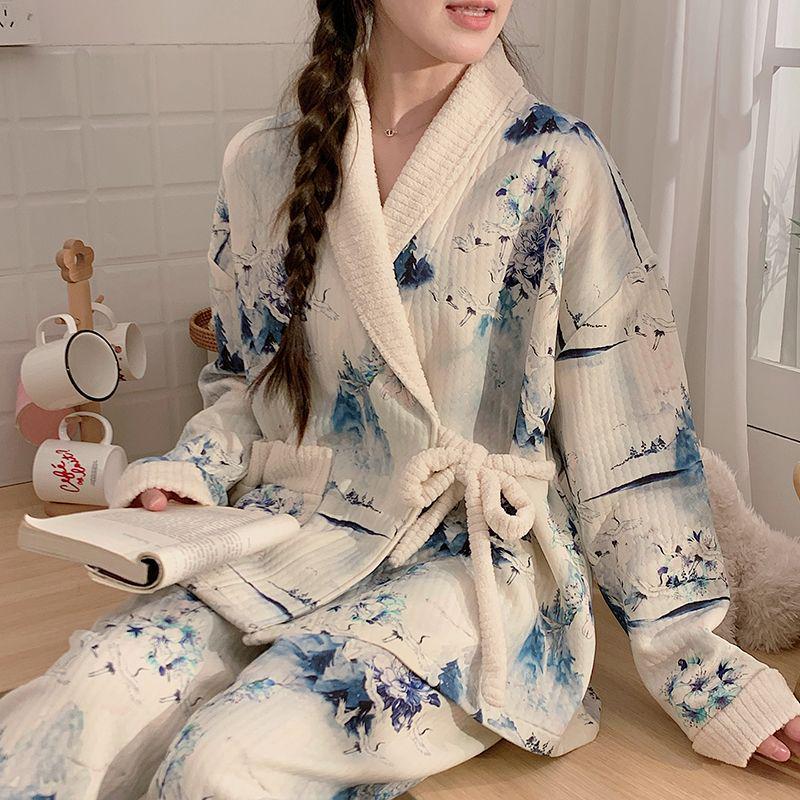 Plus Size Maternity Kimono Pajamas - Autumn/Winter Cotton for Postpartum & Breastfeeding