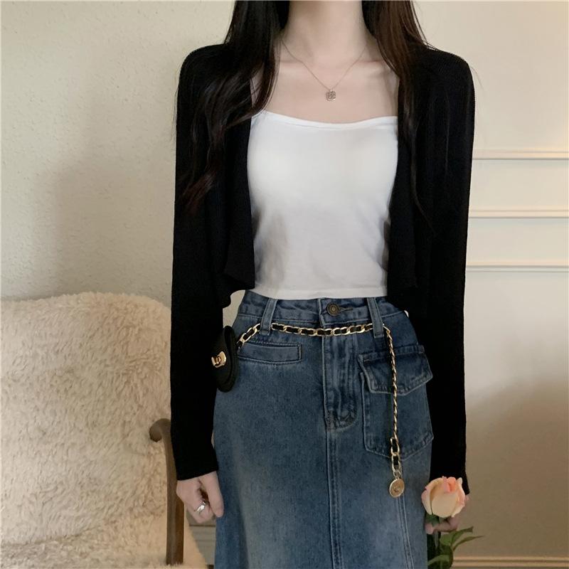 Thin Knitted Sunscreen Cardigan Women's Summer New Loose Long Sleeve Cropped Top Jacket Over Cover-up