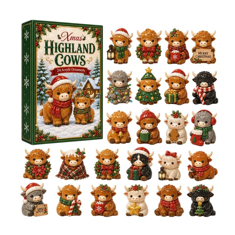 Highland Cow Advent Calendar 2026 With 24 Mini Cattle Figurines, 2D Acrylic Christmas Tree Decoration Pendant, Christmas Gift