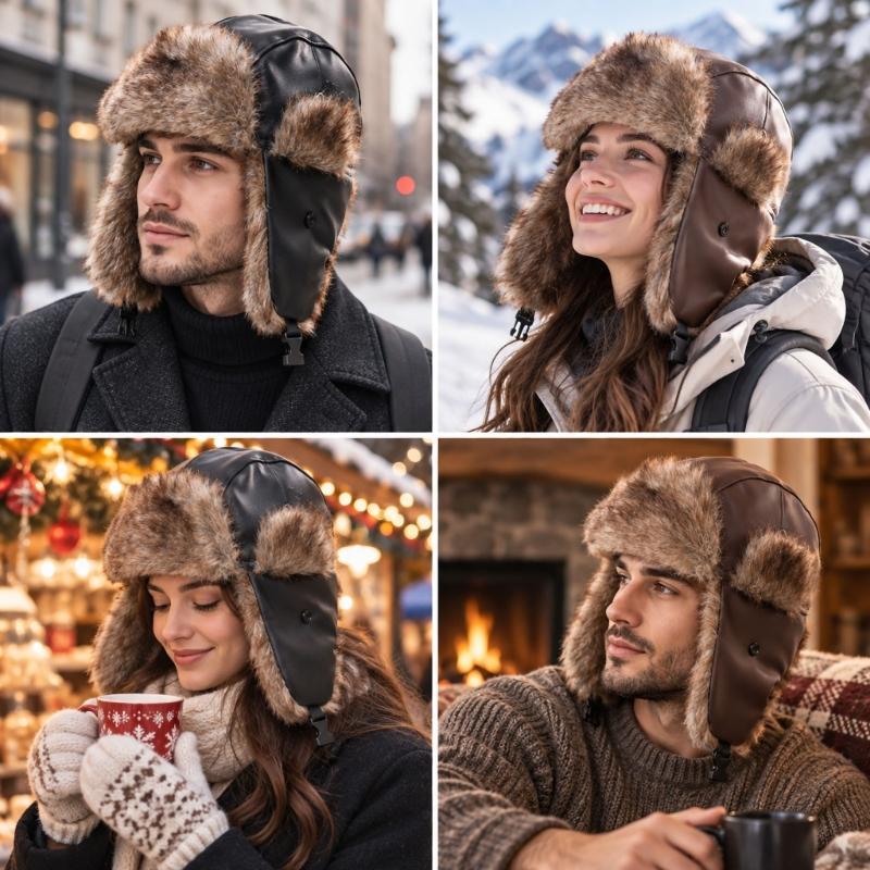 Dick gefütterte Trapper-Mütze mit PU-Außenschicht, strukturierter Zierleiste und Ohrenklappen für den Winter-Arbeitsweg und Reisen