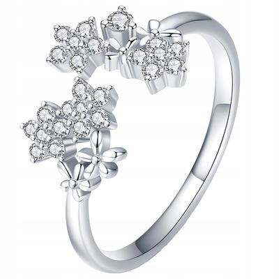 Ring With Flowers And Cubic Zirconias, Pr 925, Small Flowers, Open