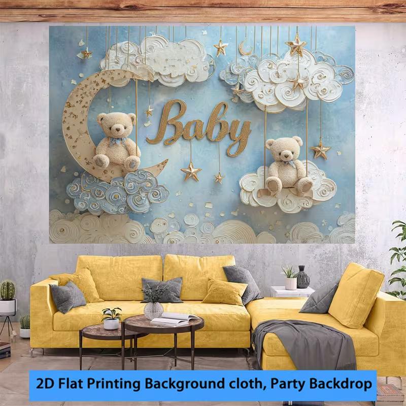 Dwuwymiarowy Neutralny Baner na Baby Shower z Misiem, Gwiazdkami i Chmurkami