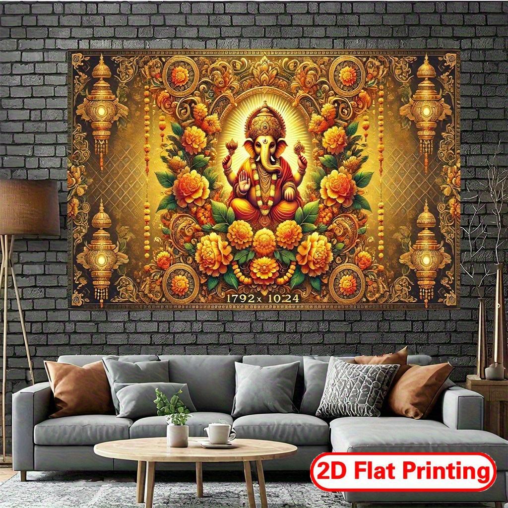 2D Flat Hindu God Ganesha Tapestry with Golden Ornaments and Flowers for Spiritual Meditation Space