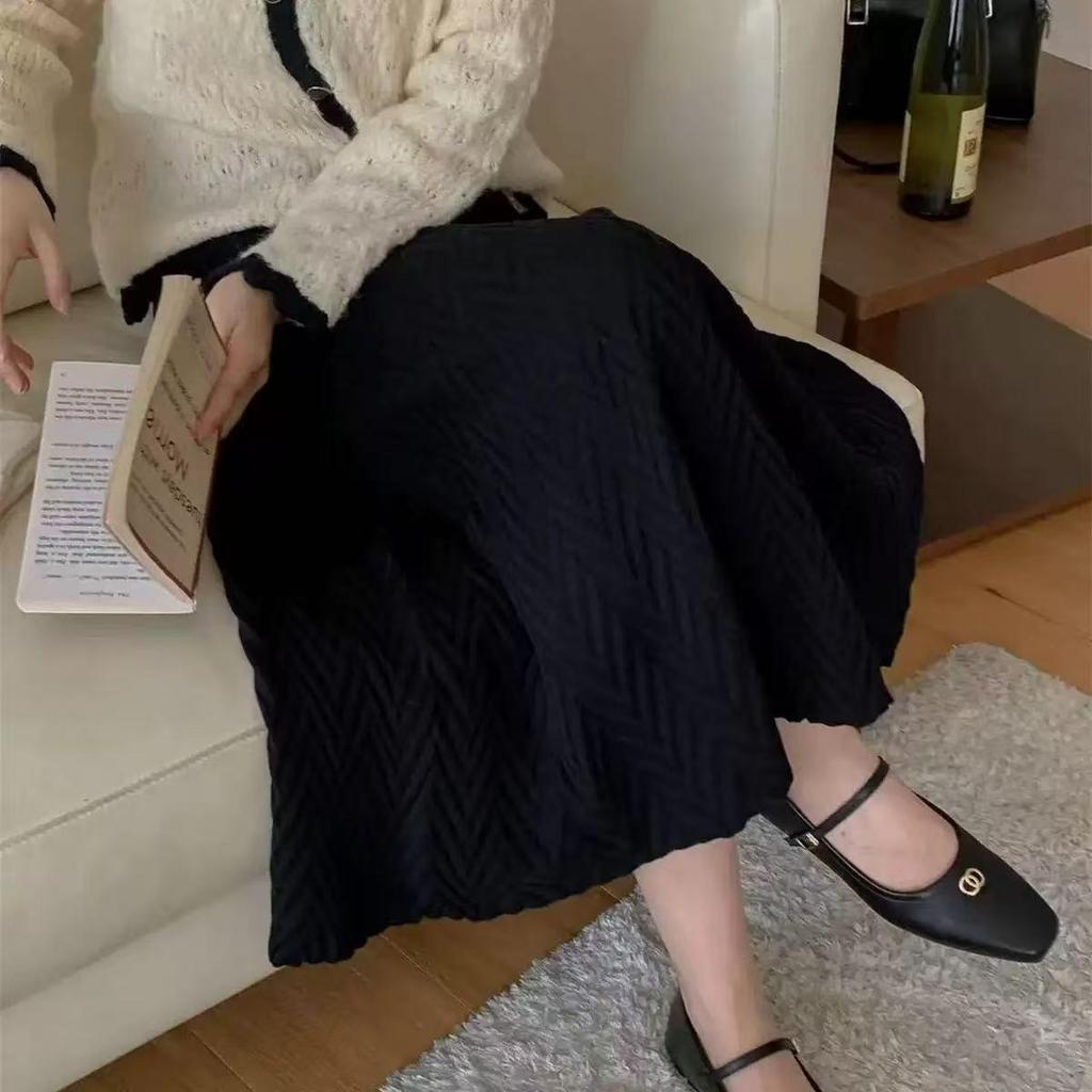 Herbst/Winter A-Linien Strukturierter Lagenstrickrock - Damen Elastischer Bund, Mittellang, Einfarbig