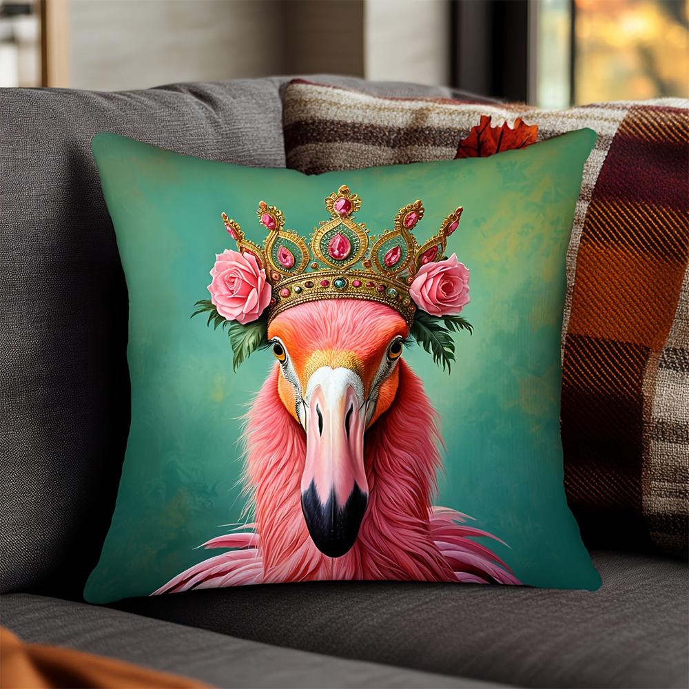 2D Flat-Royal Pink Flamingo Crown Rose Throw Pillow Cover Vintage Teal Luxury Decorative Cushion Case For Home Bedroom
