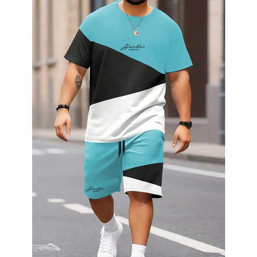 Contrast Color Short Sleeve Top Shorts Men's Summer Versatile Comfortable Fashionable Casual Drawstring Shorts Large Size Short Sleeved Sport Wear