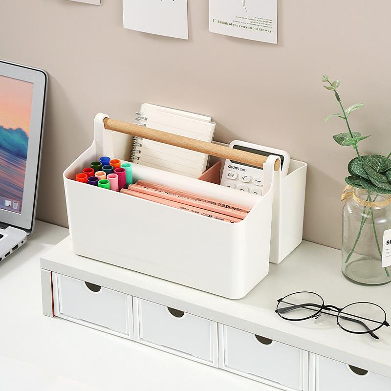 Desktop Compartment Storage Box Stationery Organizing Watercolor Brush Remote Control Storage Box with Wooden Handel