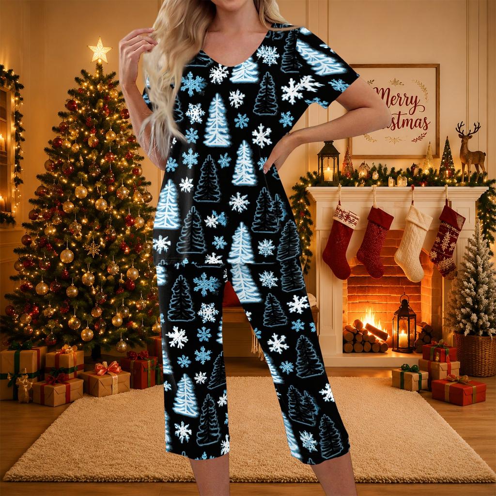 Women's Casual Christmas Print Two-Piece Outfit with Short Sleeve Top and Pants