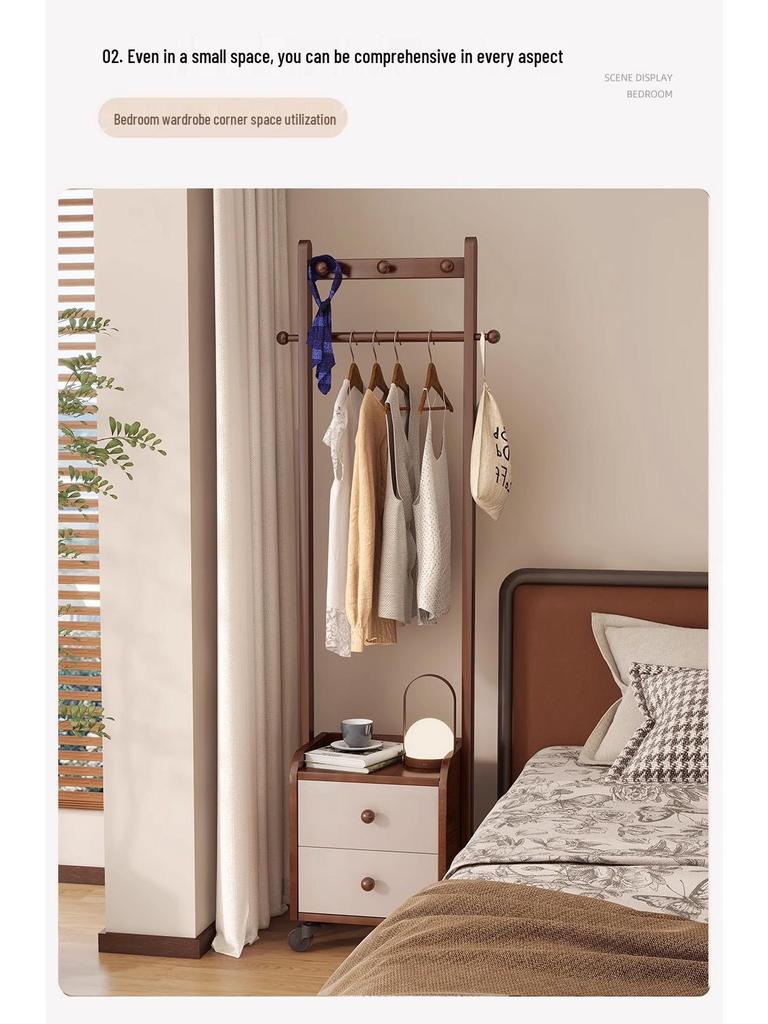 Solid Wood Bedside Table & Coat Rack with Storage Shelf – Indoor Bedroom Floor-Standing Clothes Rack