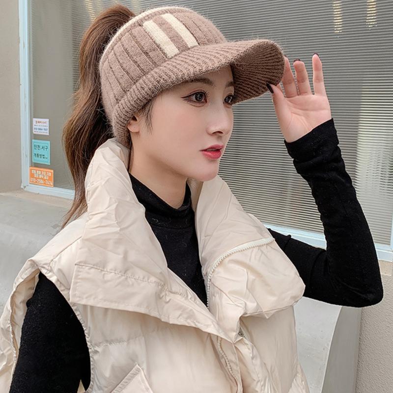 Fashion Handmade Knit Cap Winter Outdoor Women Girl Warm Keeping Cap Empty Top Wool Hat Color Matching Duck Tongue Hat