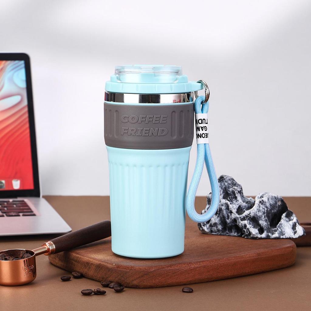 Portable Insulated Ceramic Liner Coffee Cup with Straw - Unisex Light Luxury Style for Office and Car