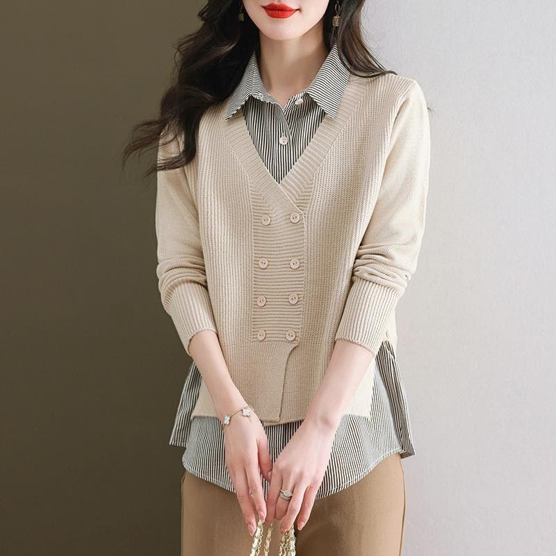 Autumn Winter Polo-neck Fake Two Pieces Casual Fashion Sweaters Women Vintage Bottomed Knitting Top