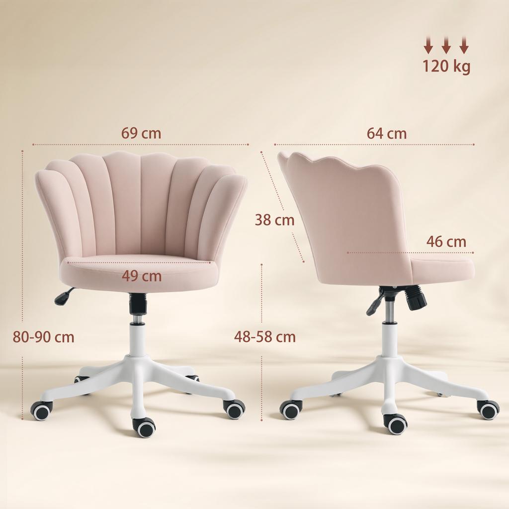 Velvet Office Chair, Dressing Chair, Petal Backrest, Adjustable Height, 69 x 64 x 80-90 cm, Pink