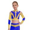 Girls Acrobatics Dance Top Rhinestone Decorated Color Block Design Long Sleeve Cutout Performance Wear