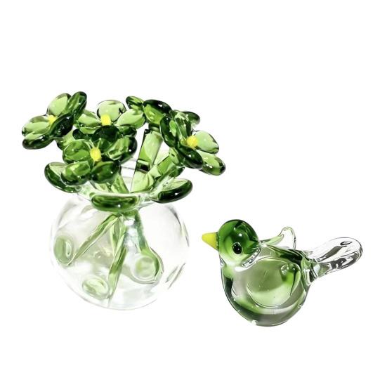 Niedliche Mini-Figur Blume aus Kunstkristall, mundgeblasenes Glas-Bouquet, Sammlerstück, kleines Blumenvasen-Ornament mit Biene/Vogel für Heim- und Büro-Tischdekoration