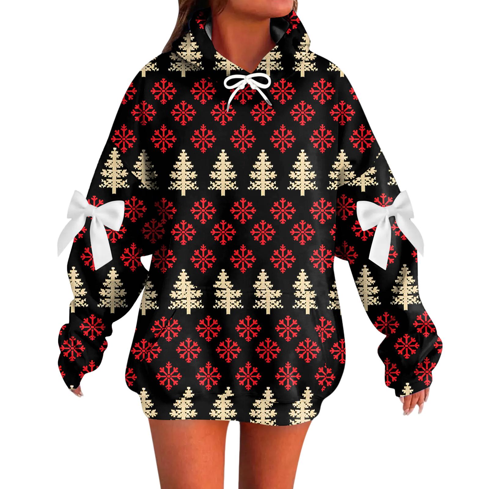 

Женский рождественский с принтом банта, с длинными рукавами, свободного кроя, повязка на голову с веревкой, худи-топ с капюшоном XXL чёрный