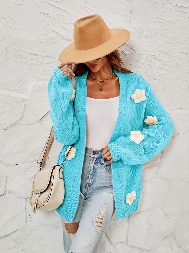New Winter Floral Cardigan Long Sleeve Knit Sweater Coat for Women