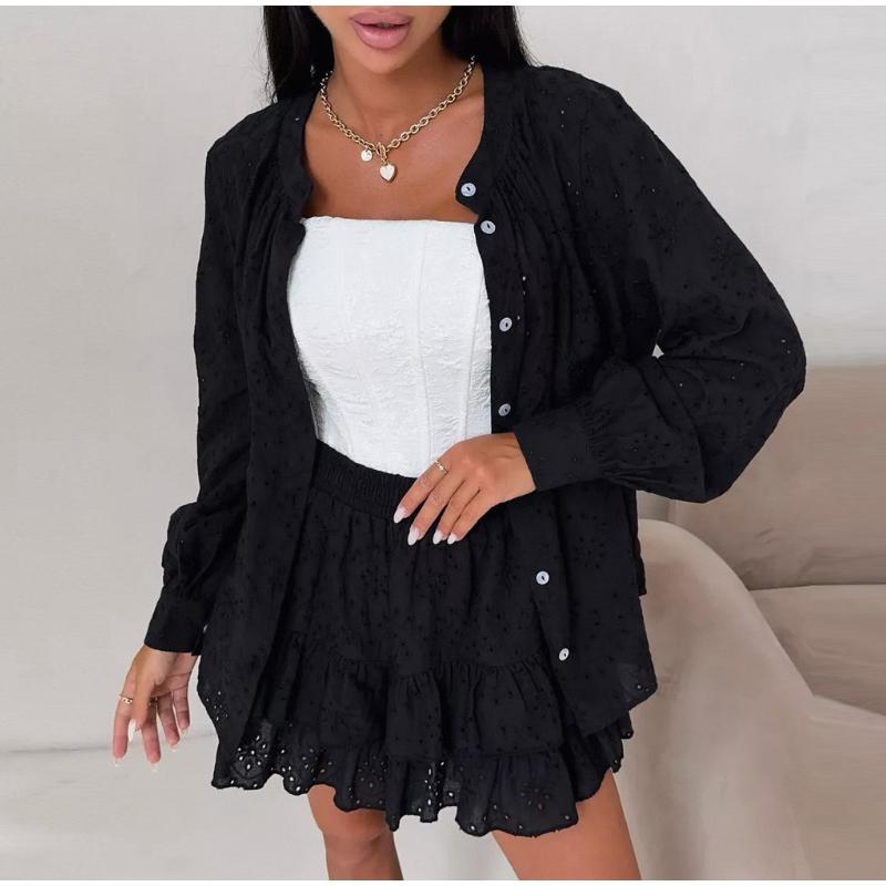 

Женский жаккардовый комплект рубашки и шорт с петлицами, однотонный комплект с принтом, повседневный, продвинутый стиль, весна-лето, новый женский комплект с длинными рукавами M чёрный