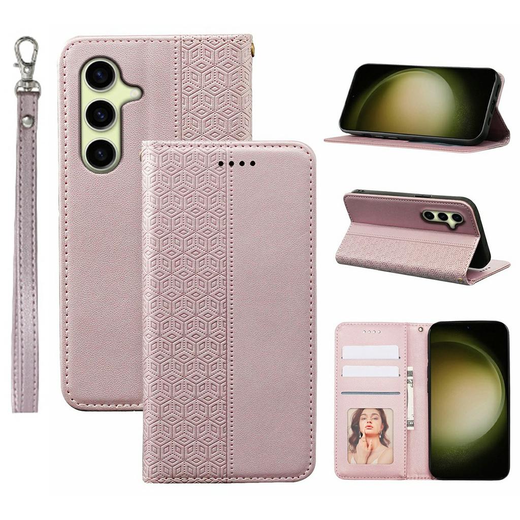 For Samsung Galaxy S26 Wallet Phone Case Checkered Pattern Imprint Leather Flip Cover with Wrist Strap