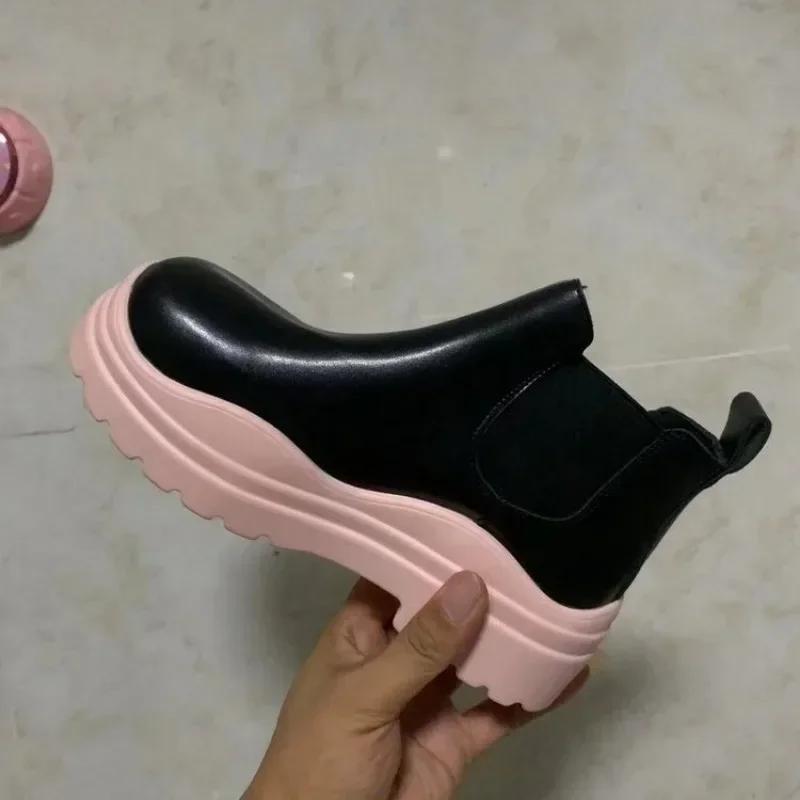 Round Head Ankle Chelsea Boots Bottom Slip-on 2024 Autumn Women New Thick Boots Women's Boots Fashion Platform Shoes Botas Mujer