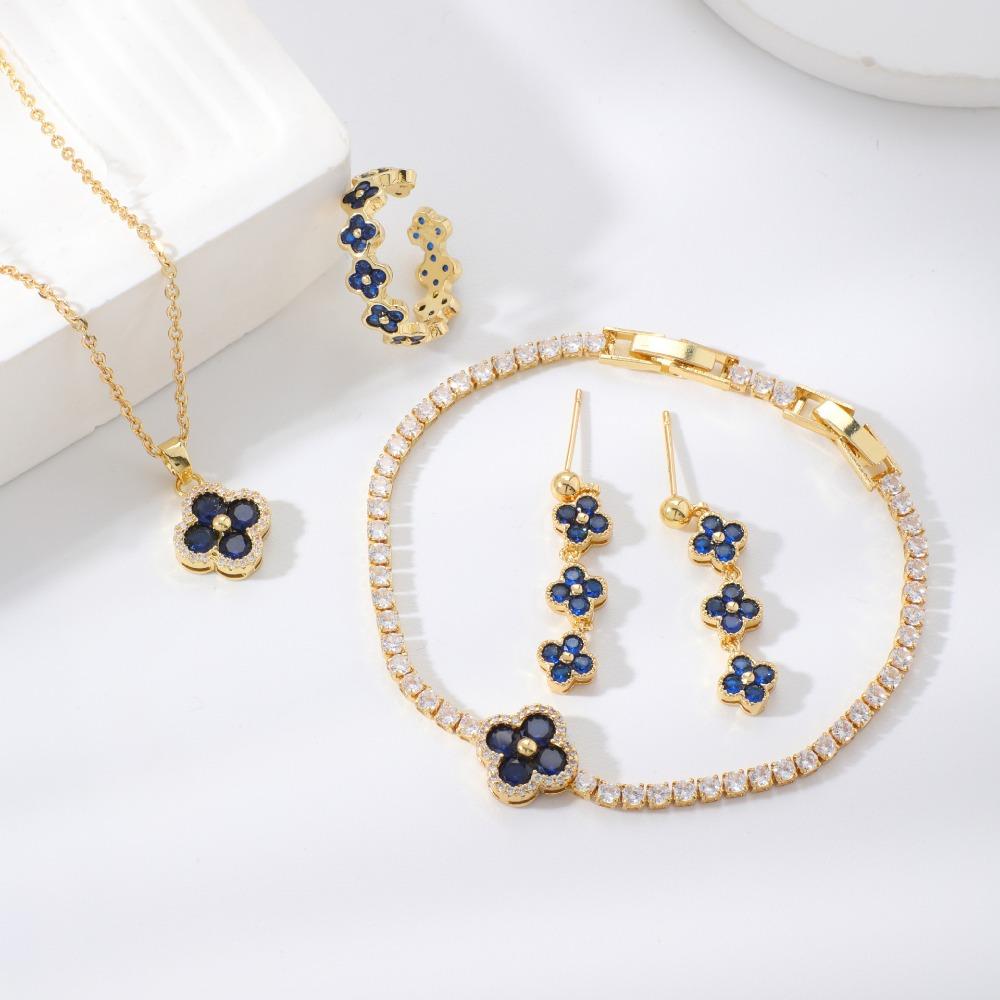 New Small Exquisite, and Versatile Four-leaf Clover Necklace Bracelet Earrings and Ring Set - A Birthday Gift