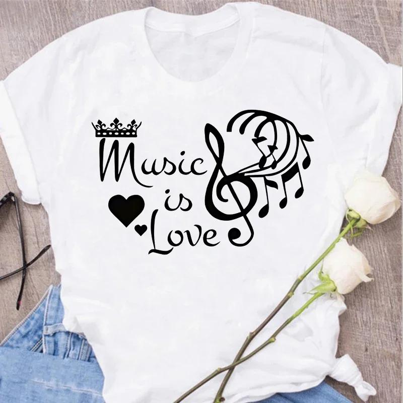 Damen T-Shirt Musik Oberteile Kurzarm Schwarz T-Shirt Damen Lässig Neu Harajuku Lustig Musiknote Kunst T-Shirt Mode