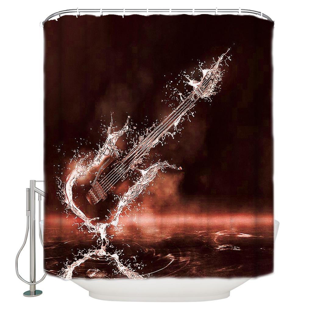 Music Decor Electric Guitars On Lighted Wooden Floor Shower Curtains Polyester Fabric Waterproof Bath Curtain Shower Curtain