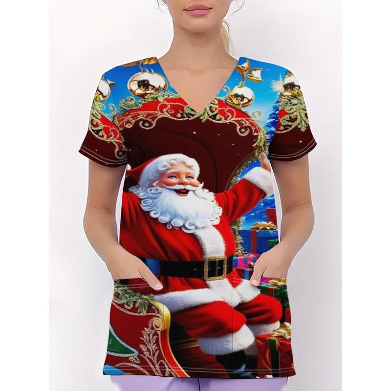 Womens V-Neck Short Sleeve Nursing Scrub Top With 3D Cartoon Print Comfortable Workwear Casual Medical Uniform