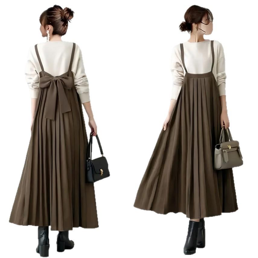 Spring/Summer 2026 Coffee High Waist Slimming A-line Dress with Front Tie – European & American Style Women's Clothing.