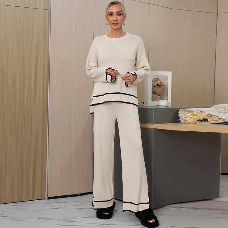 

Женский комплект свитера, комплект из 2 предметов, трикотажные свитера, топы, широкие брюки, спортивный костюм, комплекты для отдыха, осенне-зимняя одежда, спортивный костюм для женщин L абрикосовый