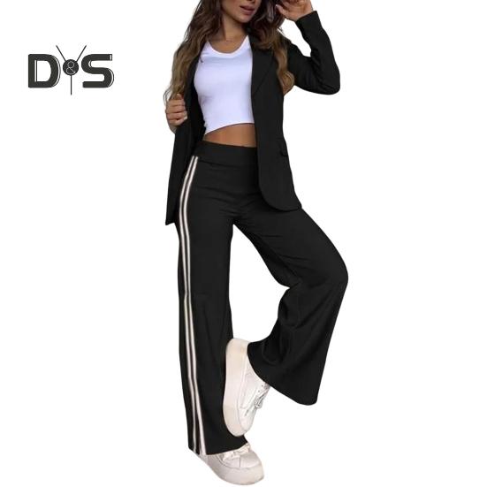 

Комплект из 2 предметов: пальто и брюки для леди, отложной воротник, длинные рукава, свободные полосатые брюки с широкими штанинами, повседневная одежда для поездок на работу S чёрный