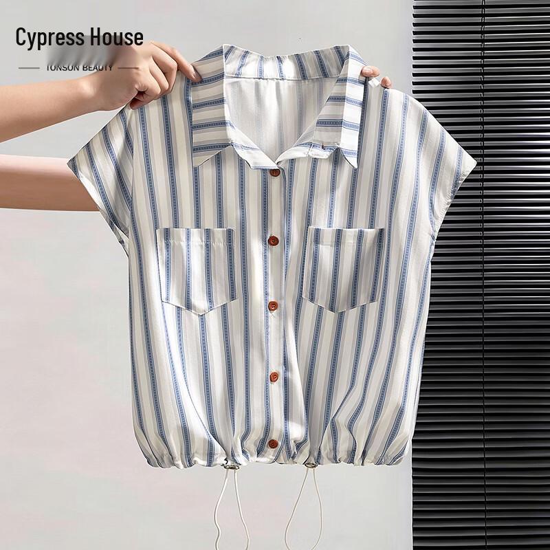 

Women s Striped Lapel Short-Sleeve Blouse