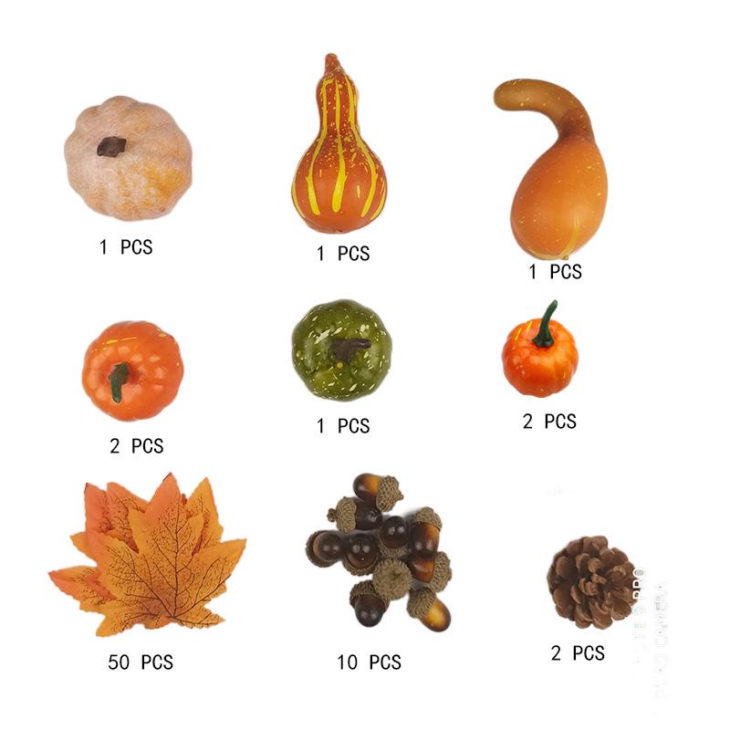 Halloween Decoration Set: Fake Pumpkins, Red Maple Leaves, Pine Cones, Acorns & Backdrop Props