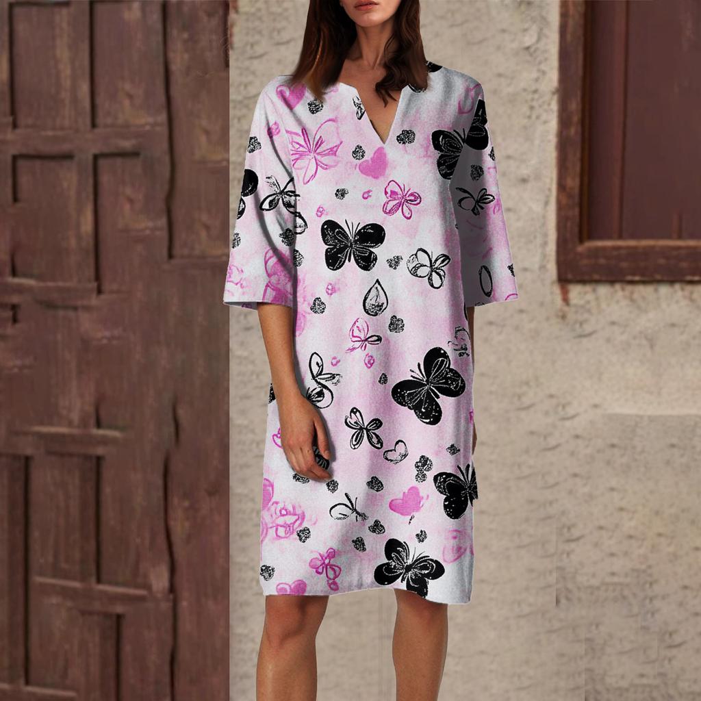 Women's Summer Retro Floral Print V-Neck Half Sleeve Dress Lightweight Breathable Dress