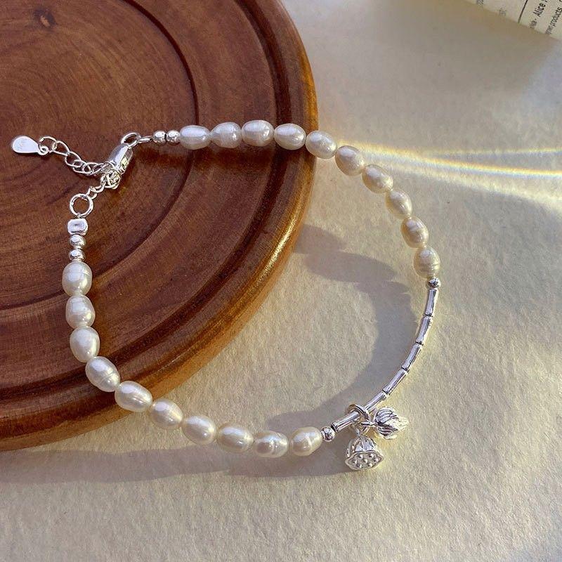 Women's High-End Silver Baroque Pearl Beaded Bracelet with Adjustable Elastic String