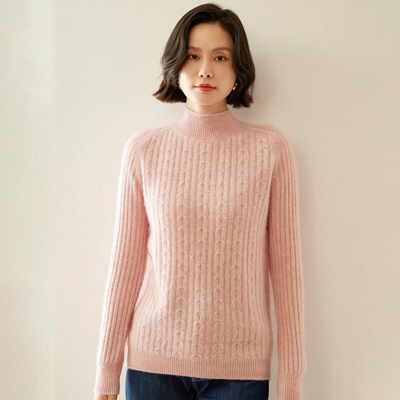 Women's Retro Cable-Knit Cashmere Half-Turtleneck Sweater - Autumn/Winter Base Layer, Solid Color