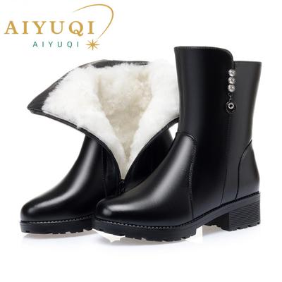 Damen-Schneestiefel, natürliche Wolle, echtes Leder, warme Damen-Stiefel, Winter, große Größe, dicker Absatz, Damen-Stiefeletten