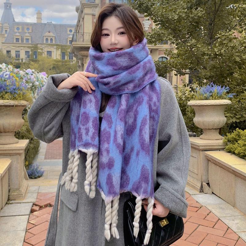 Women Winter Knit Scarf Headscarf Lady Retro Leopard Print Tassel Scarve Foulard Soft Thick Wrap Shawl Casual Fashion Korean New