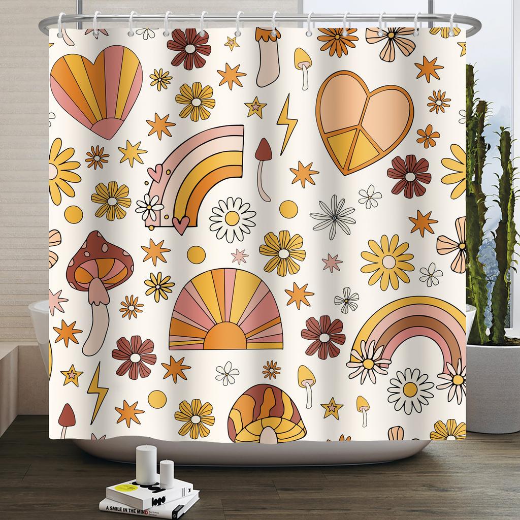 Vintage Rainbow Mushroom Shower Curtain Funny 70S 80S Retro Trippy Abstract Boho Floral Hippy Waterproof Bathroom Curtain Decor
