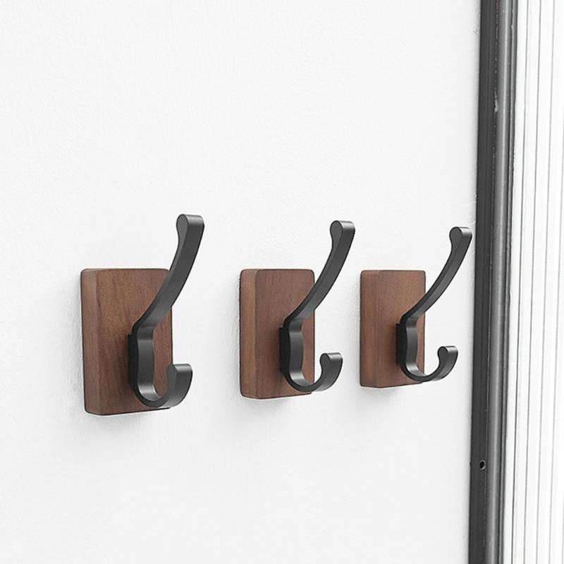 Space Saving Adhesive Hook for Bathroom Door Back Made of Natural Walnuts Wood Drillless Installation for Hanging Items