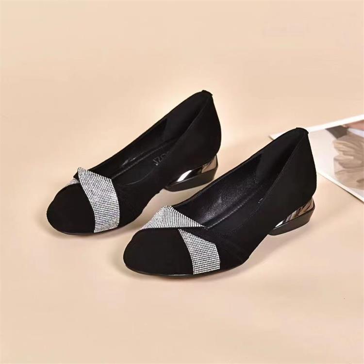 2025 Spring Rhinestone Suede Women's Medium Heel Soft Leather Shoes - Comfortable, Pointed Toe