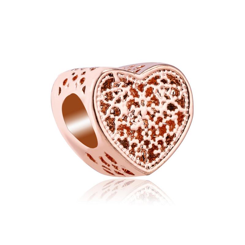 Fashion Rose Gold Plated Crystal Love Heart Flower Charms Bead Fit Original Bracelet Charm Pendants for DIY Jewelry Making