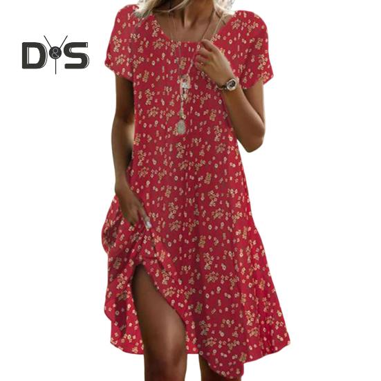 Sommerkleid für Damen, Punktemuster, Rundhalsausschnitt, kurze Ärmel, A-Linie, lockerer ethnischer Stil, großer Saum, Alltagskleidung, Freizeit-Midikleid