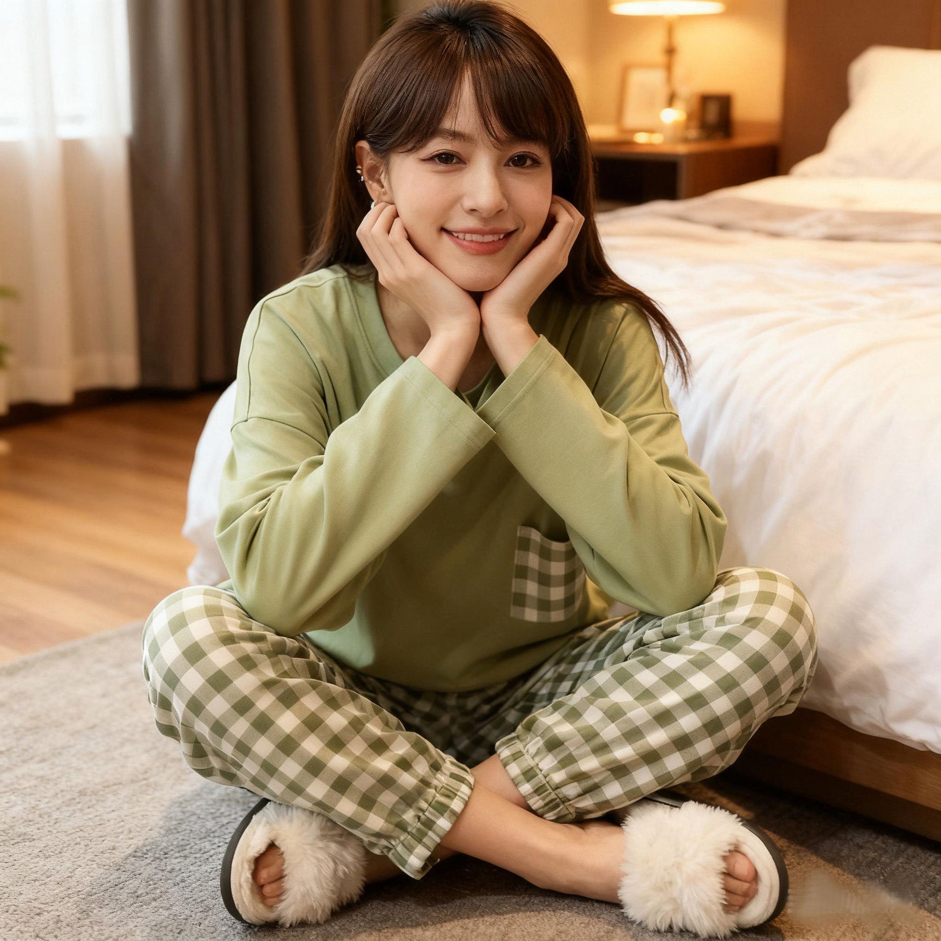 

Korean Plaid Long Sleeve Sleepwear Set for Women – Cozy Spring and Autumn Casual Wear L