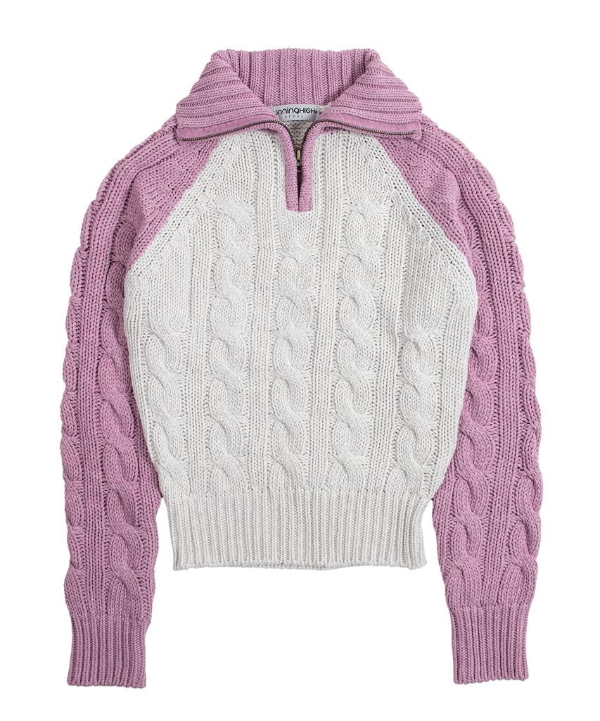 Leoninghai Color Block Turtleneck Zip-Up Knit Pullover [Pink]