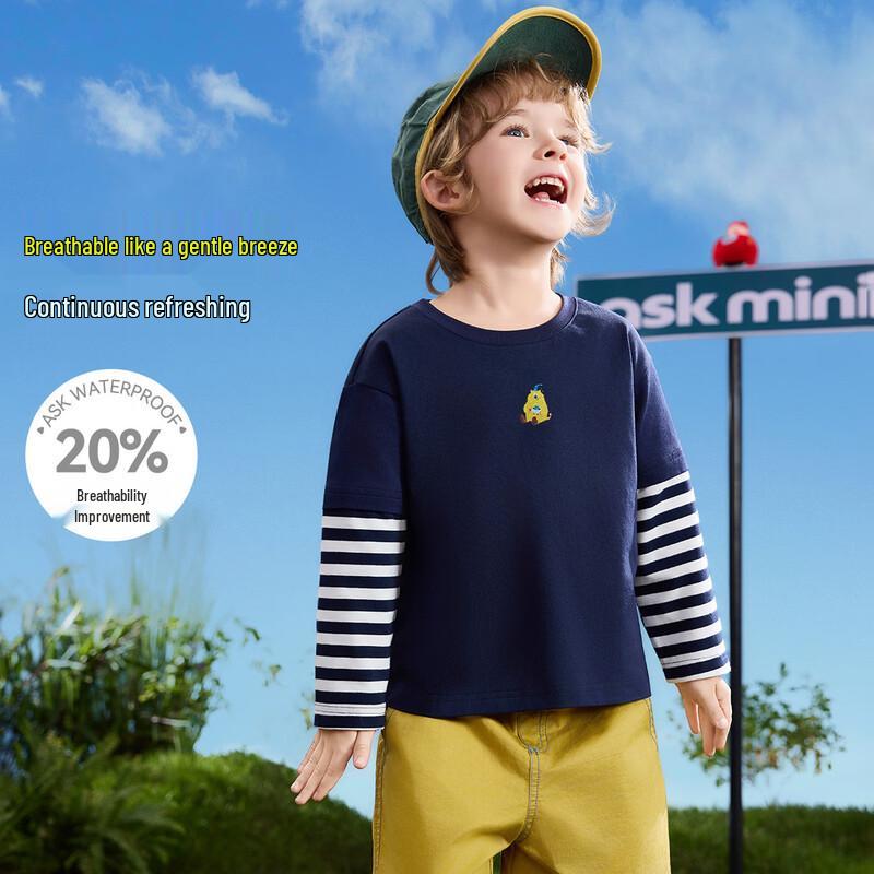 ASK JUNIOR Boys Faux Two-Piece Color-Block Round Neck Long-Sleeve T-shirt 90